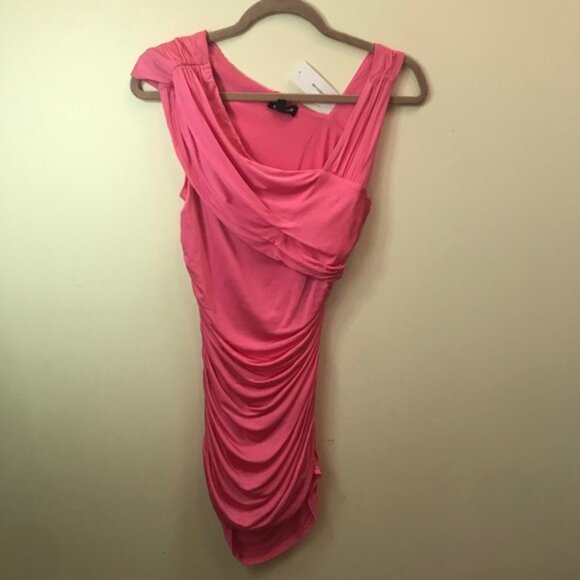 Bebe NEW Hot Pink Ruched Draped Tank Top Silky Stretch Bodycon Slimming Tank - Picture 7 of 11